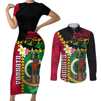 Vanuatu Nakamal and Plumeria Flowers Couples Matching Short Sleeve Bodycon Dress and Long Sleeve Button Shirt Polynesian Pattern