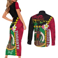 Vanuatu Nakamal and Plumeria Flowers Couples Matching Short Sleeve Bodycon Dress and Long Sleeve Button Shirt Polynesian Pattern