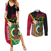 Vanuatu Nakamal and Plumeria Flowers Couples Matching Summer Maxi Dress and Long Sleeve Button Shirt Polynesian Pattern