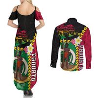 Vanuatu Nakamal and Plumeria Flowers Couples Matching Summer Maxi Dress and Long Sleeve Button Shirt Polynesian Pattern