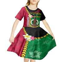 Vanuatu Nakamal and Plumeria Flowers Kid Short Sleeve Dress Polynesian Pattern