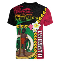 Vanuatu Nakamal and Plumeria Flowers Women V-Neck T-Shirt Polynesian Pattern