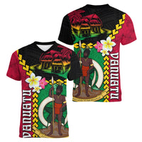 Vanuatu Nakamal and Plumeria Flowers Women V-Neck T-Shirt Polynesian Pattern