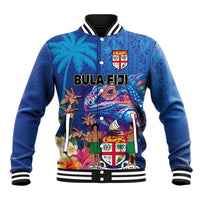 Fiji Bula Baseball Jacket Tropical Plants with Palm Tree and Iguana Colorful
