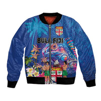 Fiji Bula Bomber Jacket Tropical Plants with Palm Tree and Iguana Colorful LT03 Unisex Blue - Polynesian Pride