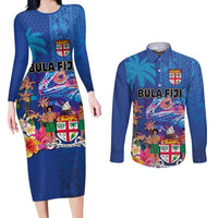 Fiji Bula Couples Matching Long Sleeve Bodycon Dress and Long Sleeve Button Shirt Tropical Plants with Palm Tree and Iguana Colorful