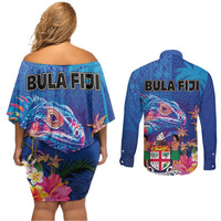 Fiji Bula Couples Matching Off Shoulder Short Dress and Long Sleeve Button Shirt Tropical Plants with Palm Tree and Iguana Colorful