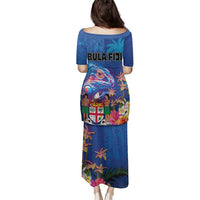 Fiji Bula Family Matching Puletasi and Hawaiian Shirt Tropical Plants with Palm Tree and Iguana Colorful