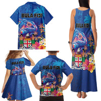 Fiji Bula Family Matching Tank Maxi Dress and Hawaiian Shirt Tropical Plants with Palm Tree and Iguana Colorful