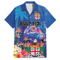 Fiji Bula Family Matching Tank Maxi Dress and Hawaiian Shirt Tropical Plants with Palm Tree and Iguana Colorful