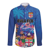 Fiji Bula Long Sleeve Button Shirt Tropical Plants with Palm Tree and Iguana Colorful