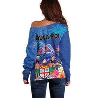 Fiji Bula Off Shoulder Sweater Tropical Plants with Palm Tree and Iguana Colorful