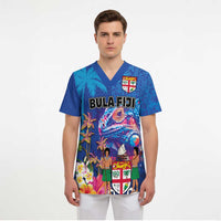 Fiji Bula Scrub Top Tropical Plants with Palm Tree and Iguana Colorful - Polynesian Pride