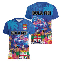 Fiji Bula Women V-Neck T-Shirt Tropical Plants with Palm Tree and Iguana Colorful