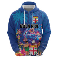 Fiji Bula Zip Hoodie Tropical Plants with Palm Tree and Iguana Colorful