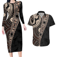 Fiji Traditional Masi Couples Matching Long Sleeve Bodycon Dress and Hawaiian Shirt Tapa Art Palm Leaves Pattern