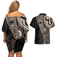 Fiji Traditional Masi Couples Matching Off Shoulder Short Dress and Hawaiian Shirt Tapa Art Palm Leaves Pattern