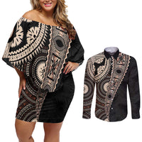 Fiji Traditional Masi Couples Matching Off Shoulder Short Dress and Long Sleeve Button Shirt Tapa Art Palm Leaves Pattern