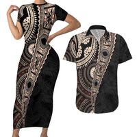 Fiji Traditional Masi Couples Matching Short Sleeve Bodycon Dress and Hawaiian Shirt Tapa Art Palm Leaves Pattern