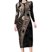 Fiji Traditional Masi Family Matching Long Sleeve Bodycon Dress and Hawaiian Shirt Tapa Art Palm Leaves Pattern
