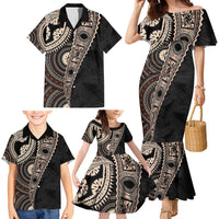 Fiji Traditional Masi Family Matching Mermaid Dress and Hawaiian Shirt Tapa Art Palm Leaves Pattern