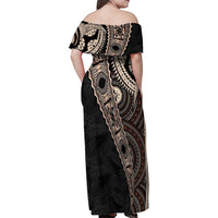 Fiji Traditional Masi Family Matching Off Shoulder Maxi Dress and Hawaiian Shirt Tapa Art Palm Leaves Pattern