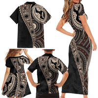 Fiji Traditional Masi Family Matching Short Sleeve Bodycon Dress and Hawaiian Shirt Tapa Art Palm Leaves Pattern
