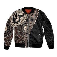 Fiji Traditional Masi Sleeve Zip Bomber Jacket Tapa Art Palm Leaves Pattern LT03 Unisex Brown - Polynesian Pride