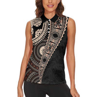 Fiji Traditional Masi Women Sleeveless Polo Shirt Tapa Art Palm Leaves Pattern LT03 - Polynesian Pride