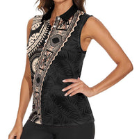 Fiji Traditional Masi Women Sleeveless Polo Shirt Tapa Art Palm Leaves Pattern LT03 - Polynesian Pride