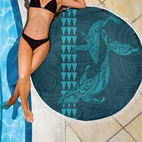 Aloha Hawaii Whale Kakau and Polynesian Tattoo Beach Blanket Turquoise Color