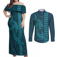 Aloha Hawaii Whale Kakau and Polynesian Tattoo Couples Matching Off Shoulder Maxi Dress and Long Sleeve Button Shirt Turquoise Color LT03 Turquoise - Polynesian Pride