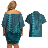Aloha Hawaii Whale Kakau and Polynesian Tattoo Couples Matching Off Shoulder Short Dress and Hawaiian Shirt Turquoise Color LT03 - Polynesian Pride