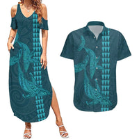 Aloha Hawaii Whale Kakau and Polynesian Tattoo Couples Matching Summer Maxi Dress and Hawaiian Shirt Turquoise Color LT03 Turquoise - Polynesian Pride