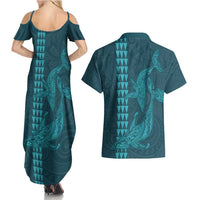 Aloha Hawaii Whale Kakau and Polynesian Tattoo Couples Matching Summer Maxi Dress and Hawaiian Shirt Turquoise Color LT03 - Polynesian Pride