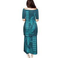 Aloha Hawaii Whale Kakau and Polynesian Tattoo Family Matching Puletasi and Hawaiian Shirt Turquoise Color