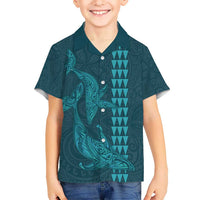 Aloha Hawaii Whale Kakau and Polynesian Tattoo Kid Hawaiian Shirt Turquoise Color