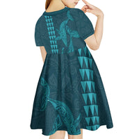 Aloha Hawaii Whale Kakau and Polynesian Tattoo Kid Short Sleeve Dress Turquoise Color