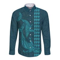 Aloha Hawaii Whale Kakau and Polynesian Tattoo Long Sleeve Button Shirt Turquoise Color LT03 Unisex Turquoise - Polynesian Pride
