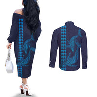 Aloha Hawaii Whale Kakau and Polynesian Tattoo Couples Matching Off The Shoulder Long Sleeve Dress and Long Sleeve Button Shirt Dark Navy Color LT03 - Polynesian Pride