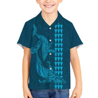 Aloha Hawaii Whale Kakau and Polynesian Tattoo Family Matching Off The Shoulder Long Sleeve Dress and Hawaiian Shirt Light Blue Color LT03 Son's Shirt Light Blue - Polynesian Pride
