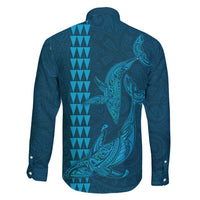 Aloha Hawaii Whale Kakau and Polynesian Tattoo Family Matching Tank Maxi Dress and Hawaiian Shirt Light Blue Color
