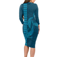 Aloha Hawaii Whale Kakau and Polynesian Tattoo Long Sleeve Bodycon Dress Light Blue Color LT03 - Polynesian Pride