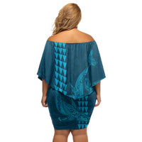 Aloha Hawaii Whale Kakau and Polynesian Tattoo Off Shoulder Short Dress Light Blue Color LT03 - Polynesian Pride