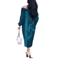 Aloha Hawaii Whale Kakau and Polynesian Tattoo Off The Shoulder Long Sleeve Dress Light Blue Color LT03 - Polynesian Pride