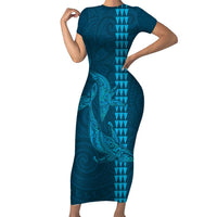 Aloha Hawaii Whale Kakau and Polynesian Tattoo Short Sleeve Bodycon Dress Light Blue Color LT03 Long Dress Light Blue - Polynesian Pride