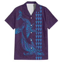 Aloha Hawaii Whale Kakau and Polynesian Tattoo Family Matching Off Shoulder Short Dress and Hawaiian Shirt Purple Color