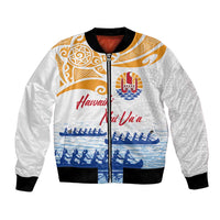 Personalised Hawaiki Nui Va'a French Polynesian Pattern Bomber Jacket White Color LT03 Unisex White - Polynesian Pride