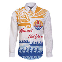 Personalised Hawaiki Nui Va'a French Polynesian Pattern Family Matching Off Shoulder Maxi Dress and Hawaiian Shirt White Color LT03 Dad's Shirt - Long Sleeve White - Polynesian Pride