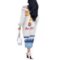 Personalised Hawaiki Nui Va'a French Polynesian Pattern Off The Shoulder Long Sleeve Dress White Color LT03 - Polynesian Pride